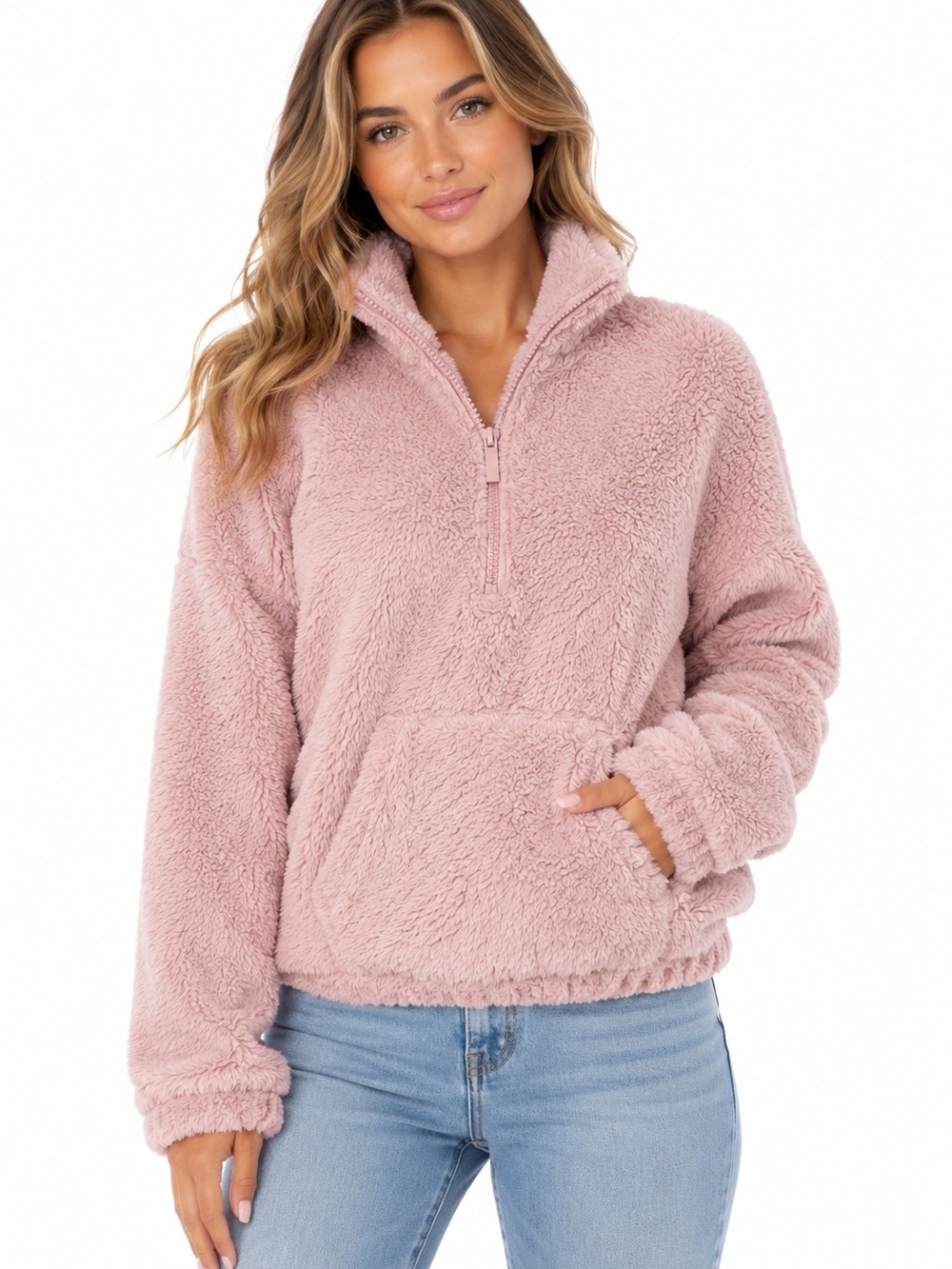 Plush Half-Zip Teddy Jacket - Dusty Rose